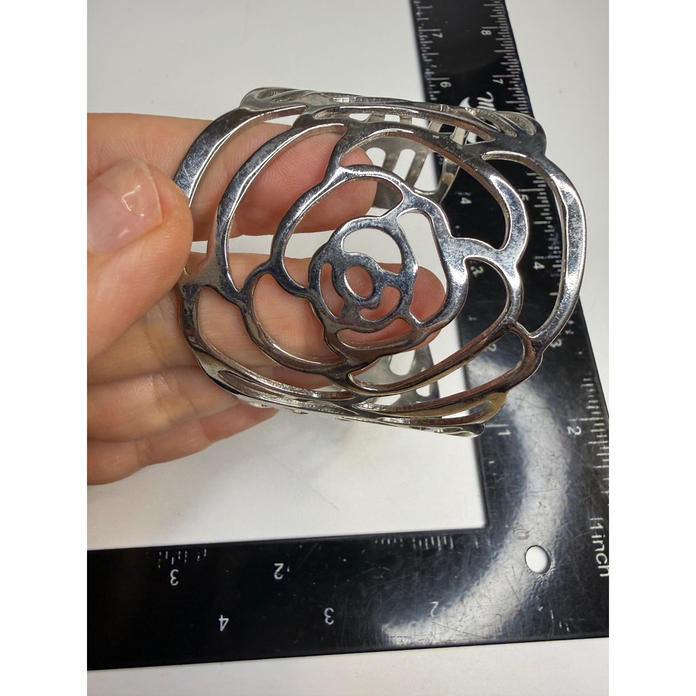 Silver Tone Openwork Rose Floral Wide Cuff Statement Bracelet